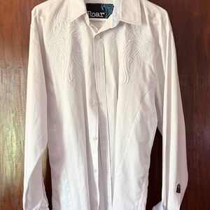 Roar White Long-Sleeve Embroidered Dress Shirt